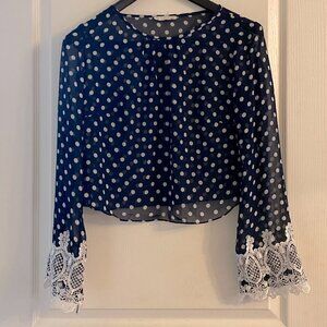 Sheer Polka Dot Blouse with Embroidered Long Sleeves Size 38 EU/ Small